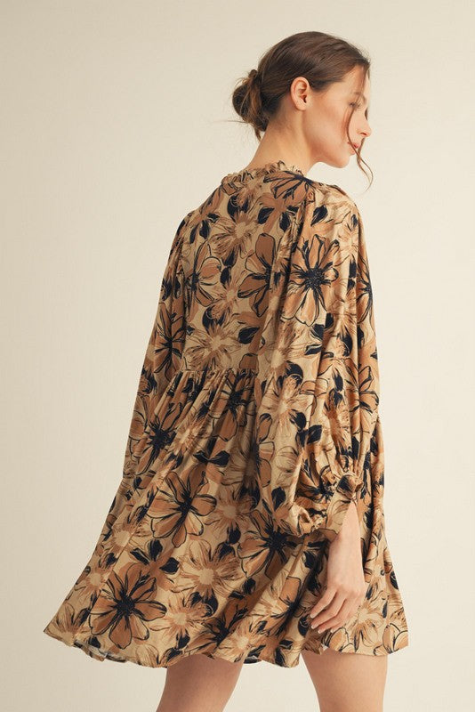 Floral Peasant Dress-Taupe