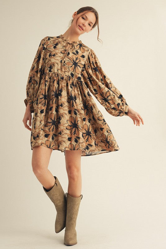 Floral Peasant Dress-Taupe