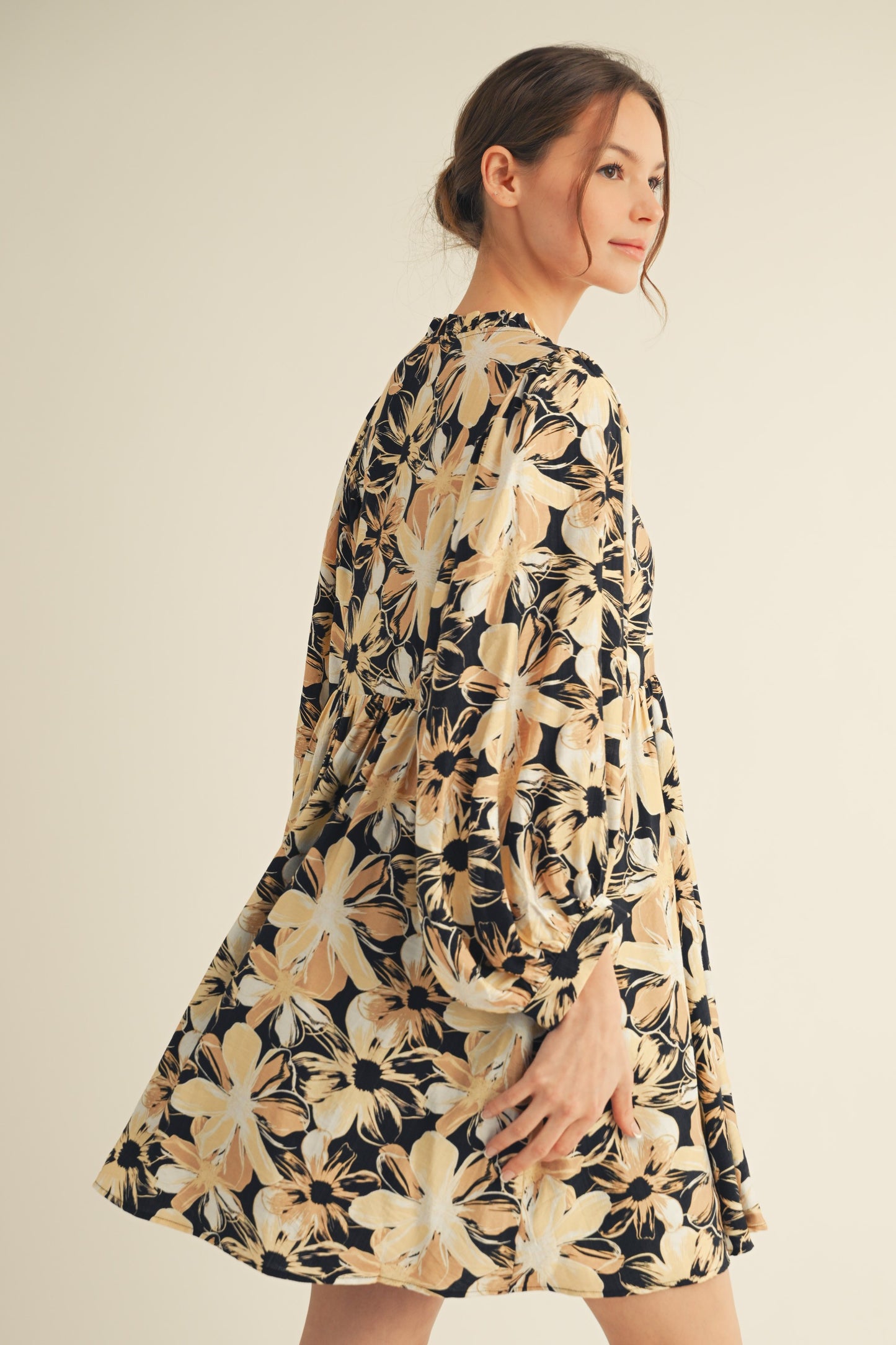 Floral Peasant Dress-Black