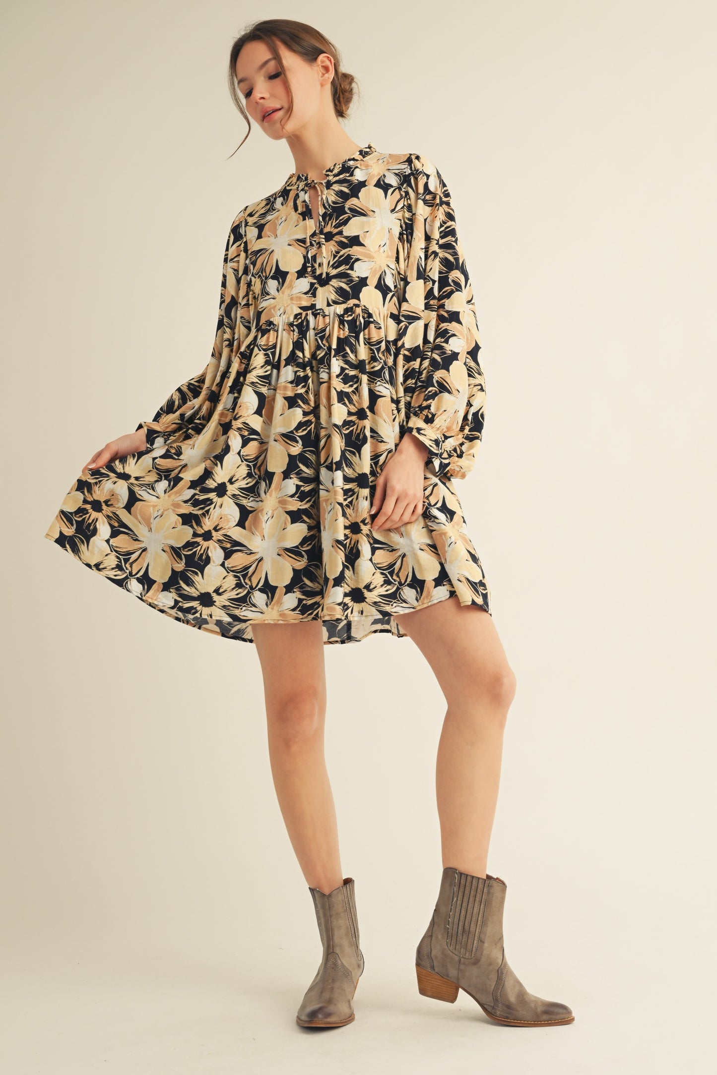 Floral Peasant Dress-Black