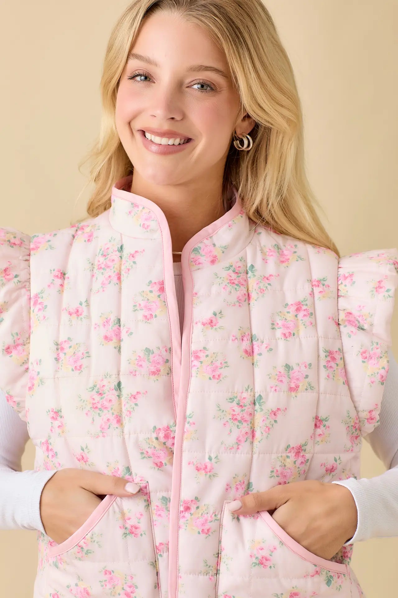 Floral Printed Ruffle Sleeve Puff Vest