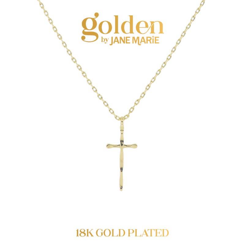 16" 18K Gold Plated Thin Hammered Cross Necklace, 3" Ext.