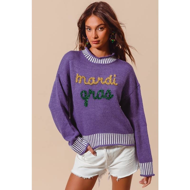 MARDI GRAS TINSEL LETTERING SWEATER TOP
