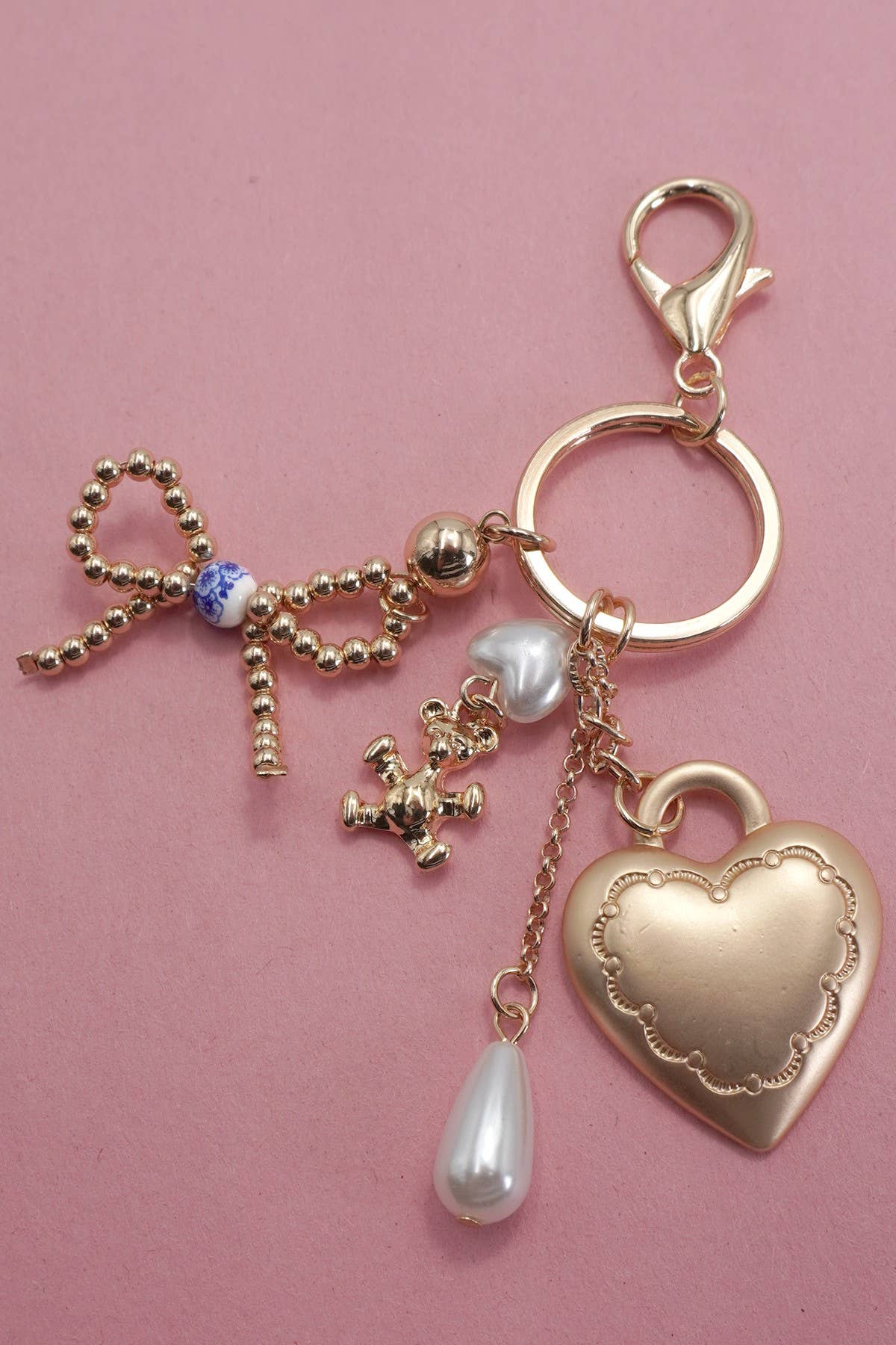 PORCELAIN BOW HEART TEDDY PEARL BAG CHARM