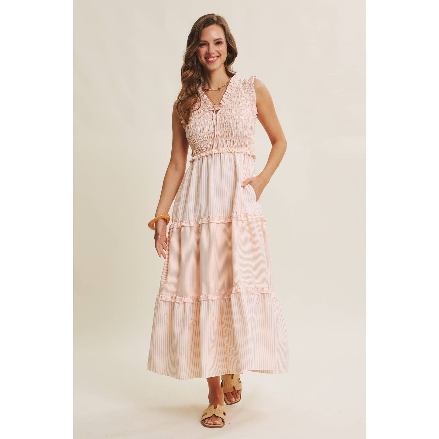 INSTANTLY UPLIFTING MIXED STRIPE SMOCKED MIDI DRESS