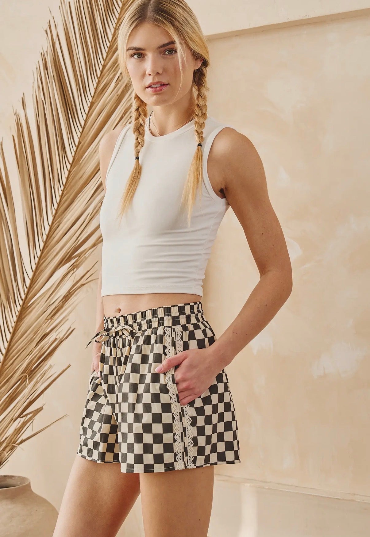 Checkered Lace Trim Shorts