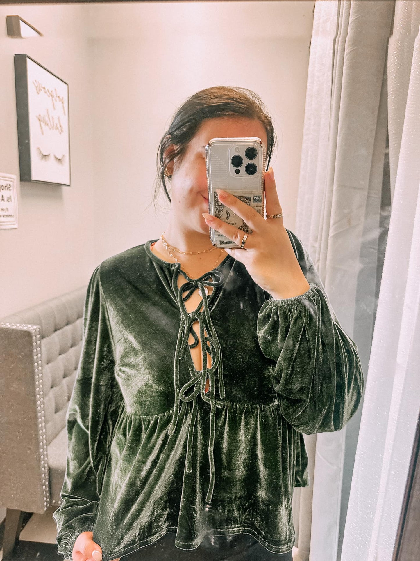 FRONT TIE VELVET BLOUSE-Olive