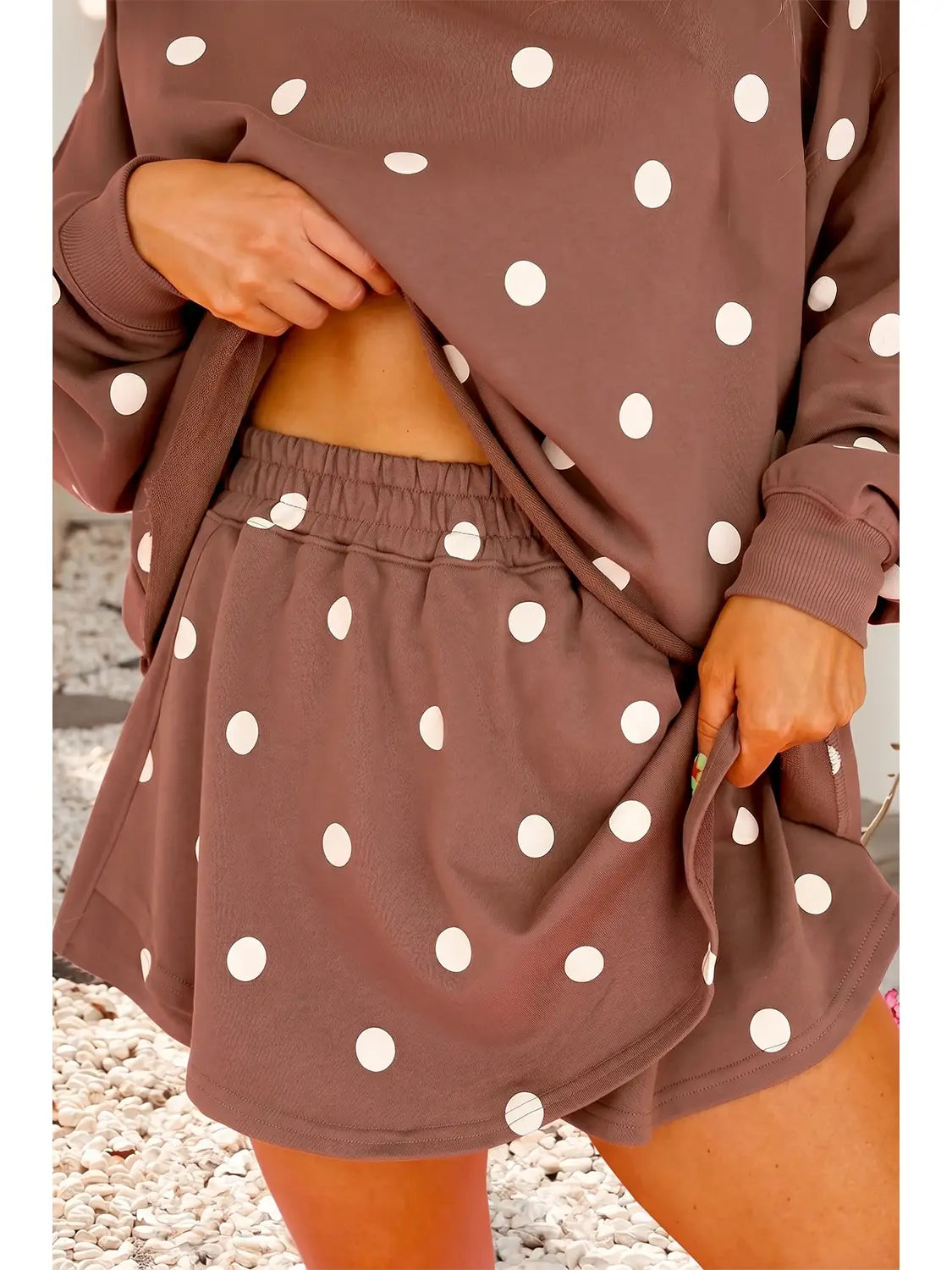 Polka Dot High Waist Long Sleeve Top and Skort Set