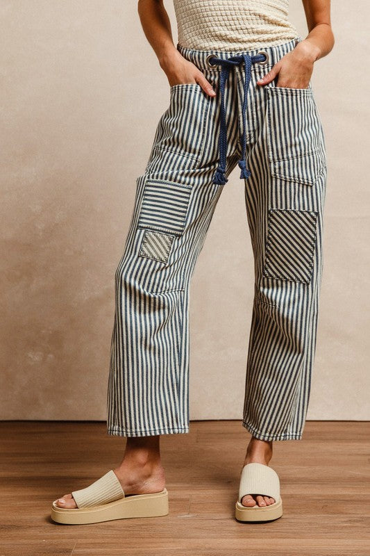Striped twill barrel pants