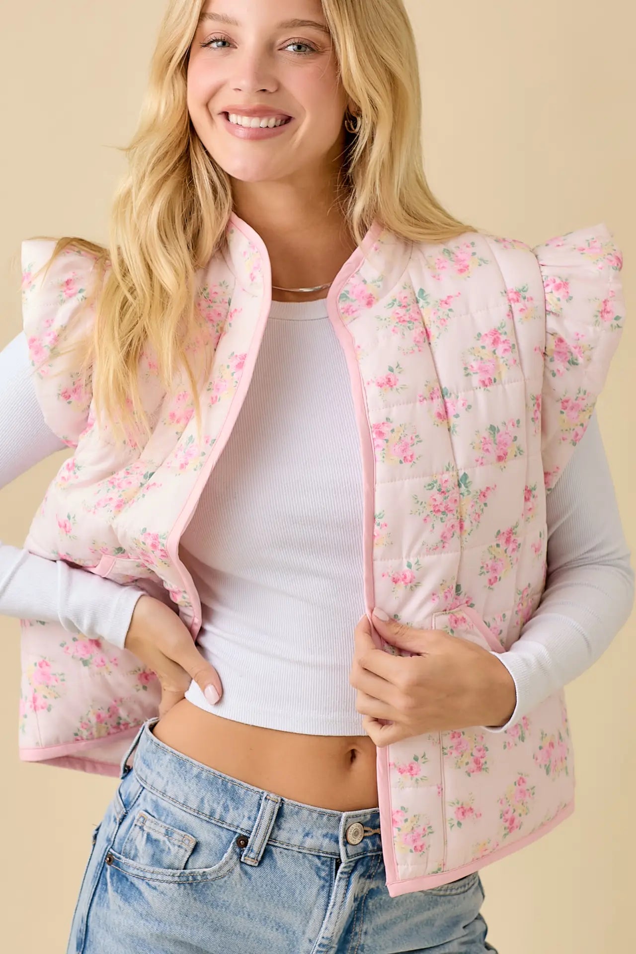 Floral Printed Ruffle Sleeve Puff Vest
