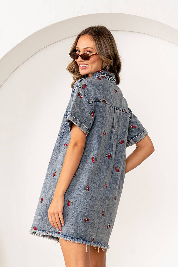 Cherry Embroidered Short Sleeves Denim Shirt Dress