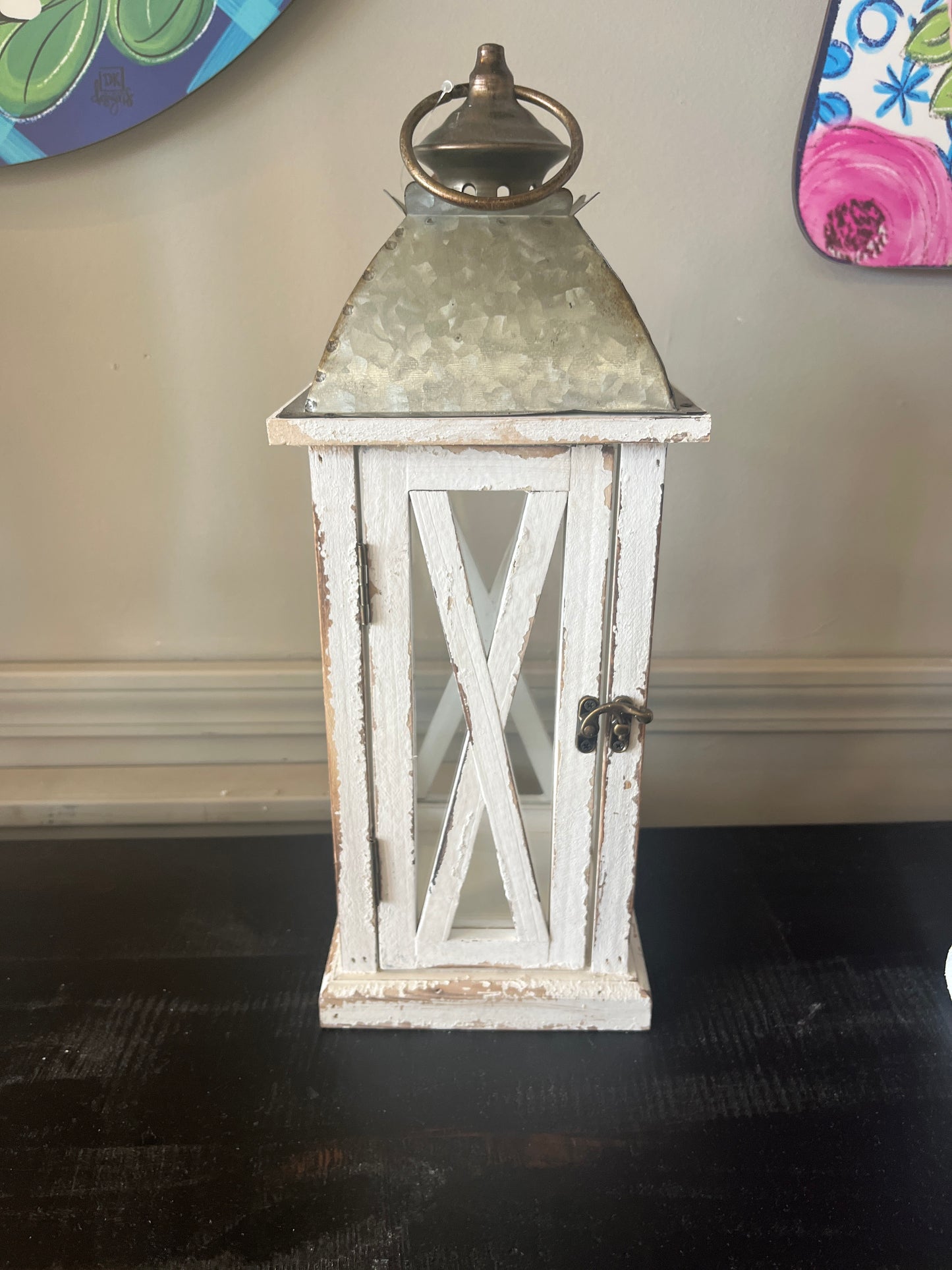 Metal/Wood Lantern with Glass Sm