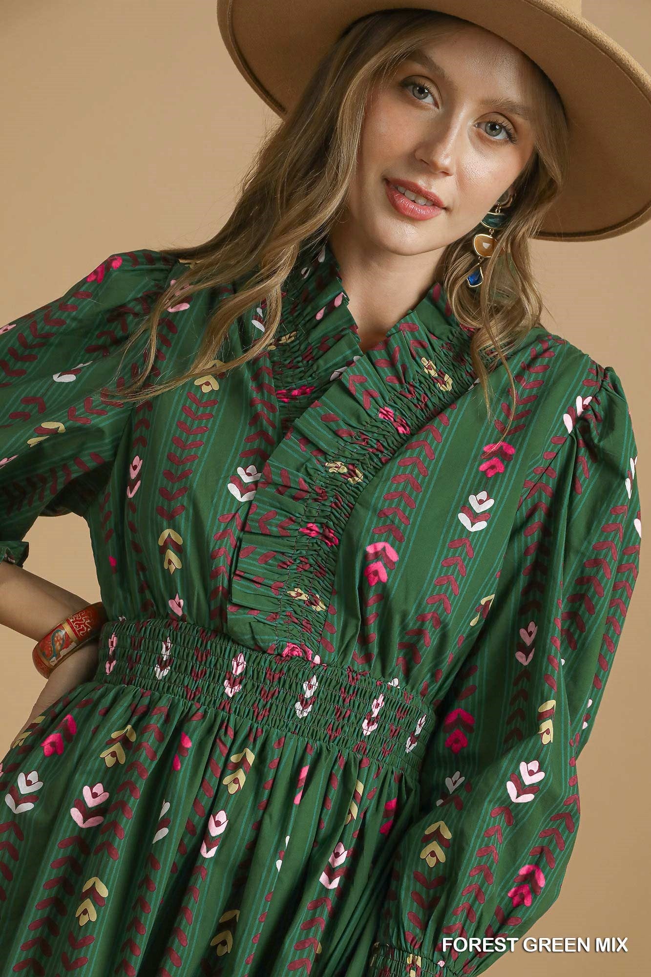 Stripped Floral Dress Ruffle Collar