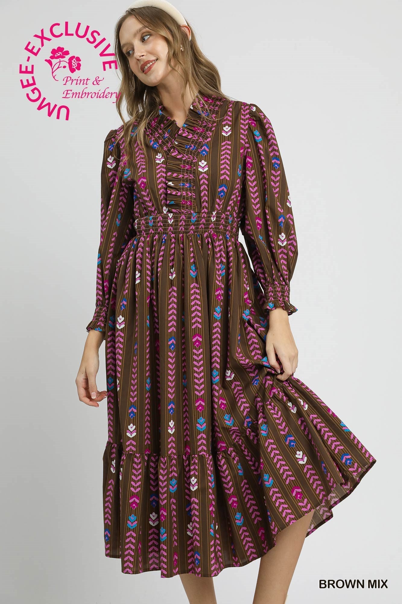 Stripped Floral Dress Ruffle Collar
