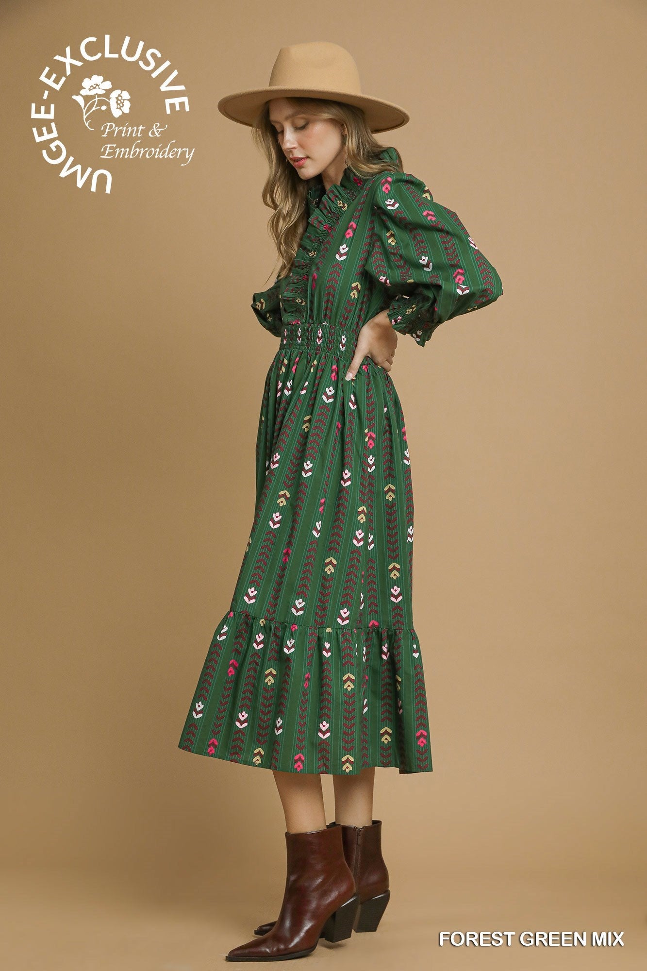 Stripped Floral Dress Ruffle Collar