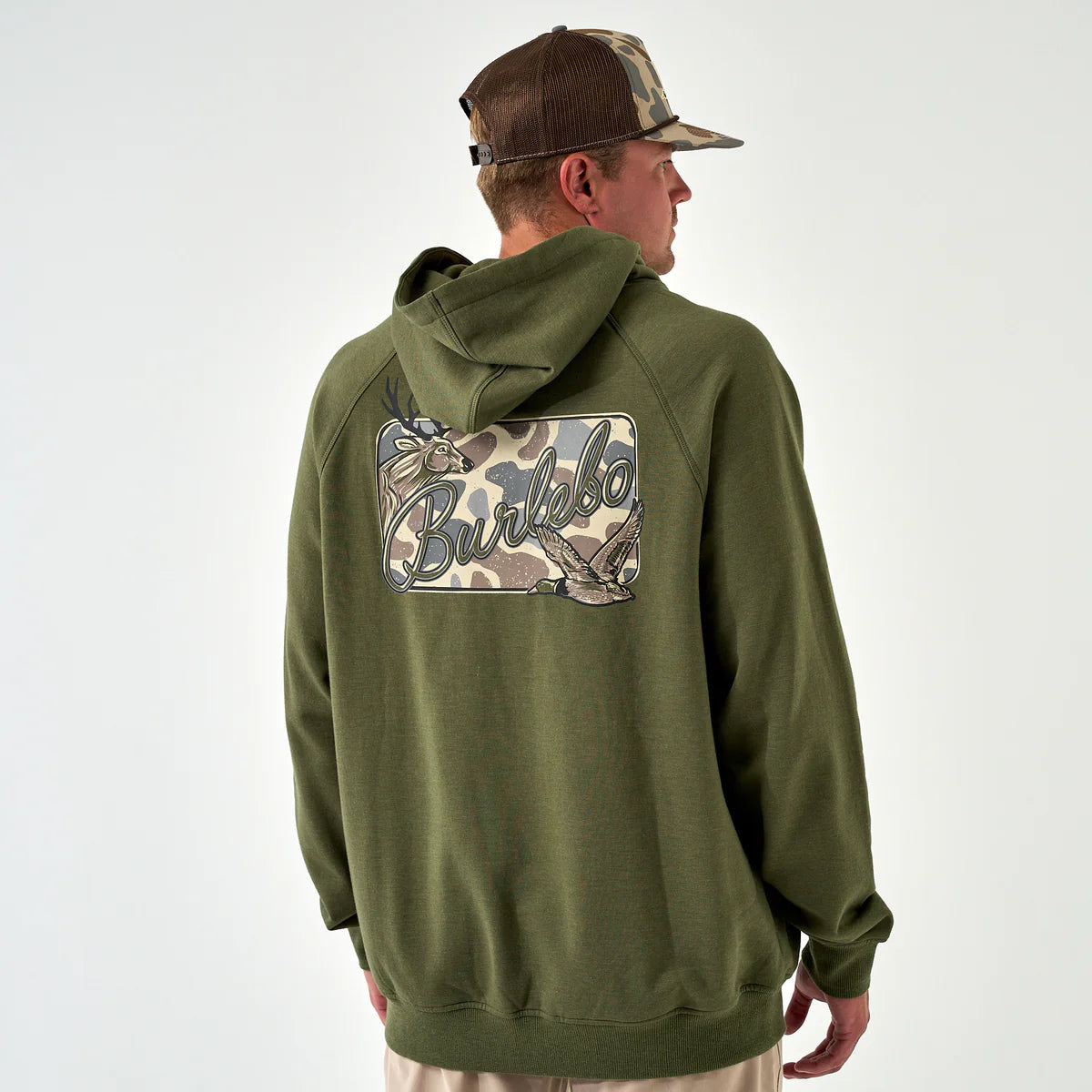Fleece Hoodie-Deer Camo Patch- Heather Olive