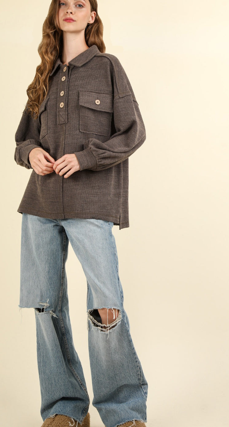 Collard Button Down Knit Top