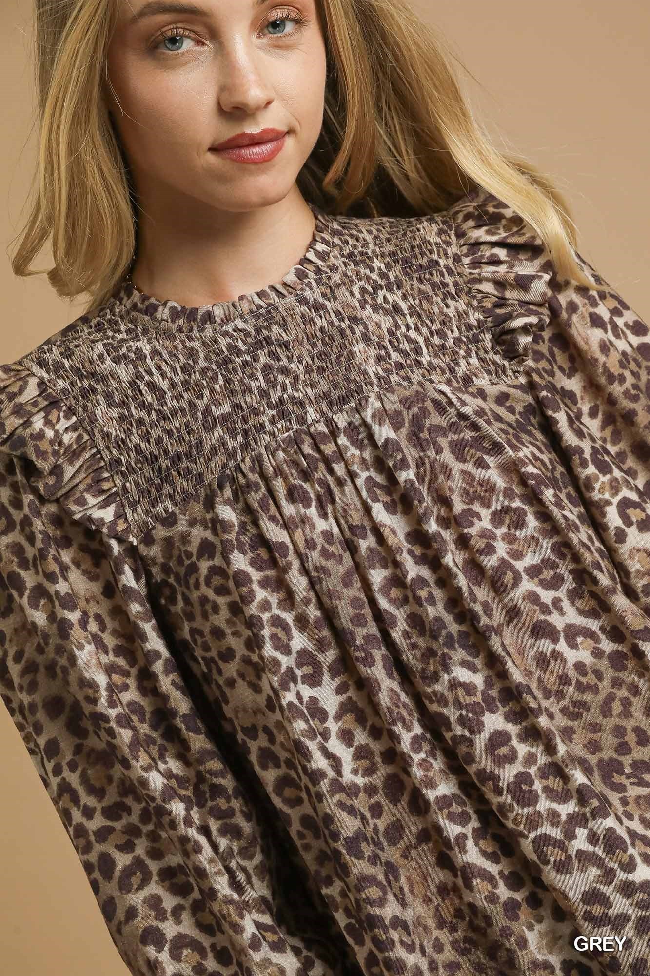 Smocked Leopard Ruffle Blouse