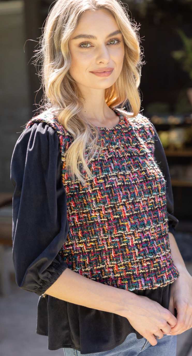 Puff Sleeve Accent Tweed Peplum Top