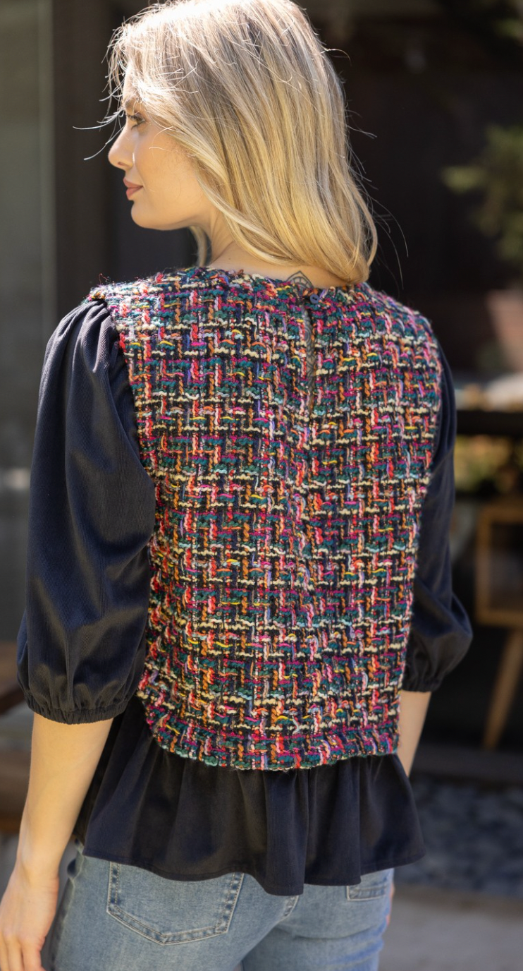 Puff Sleeve Accent Tweed Peplum Top