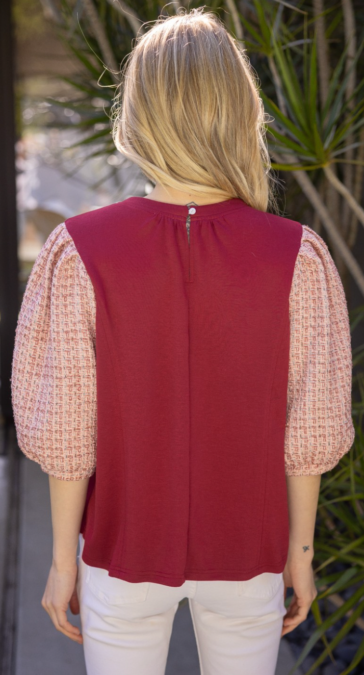 Tweed Puff Sleeved Knit Body Top