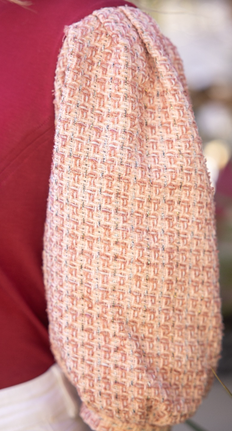 Tweed Puff Sleeved Knit Body Top