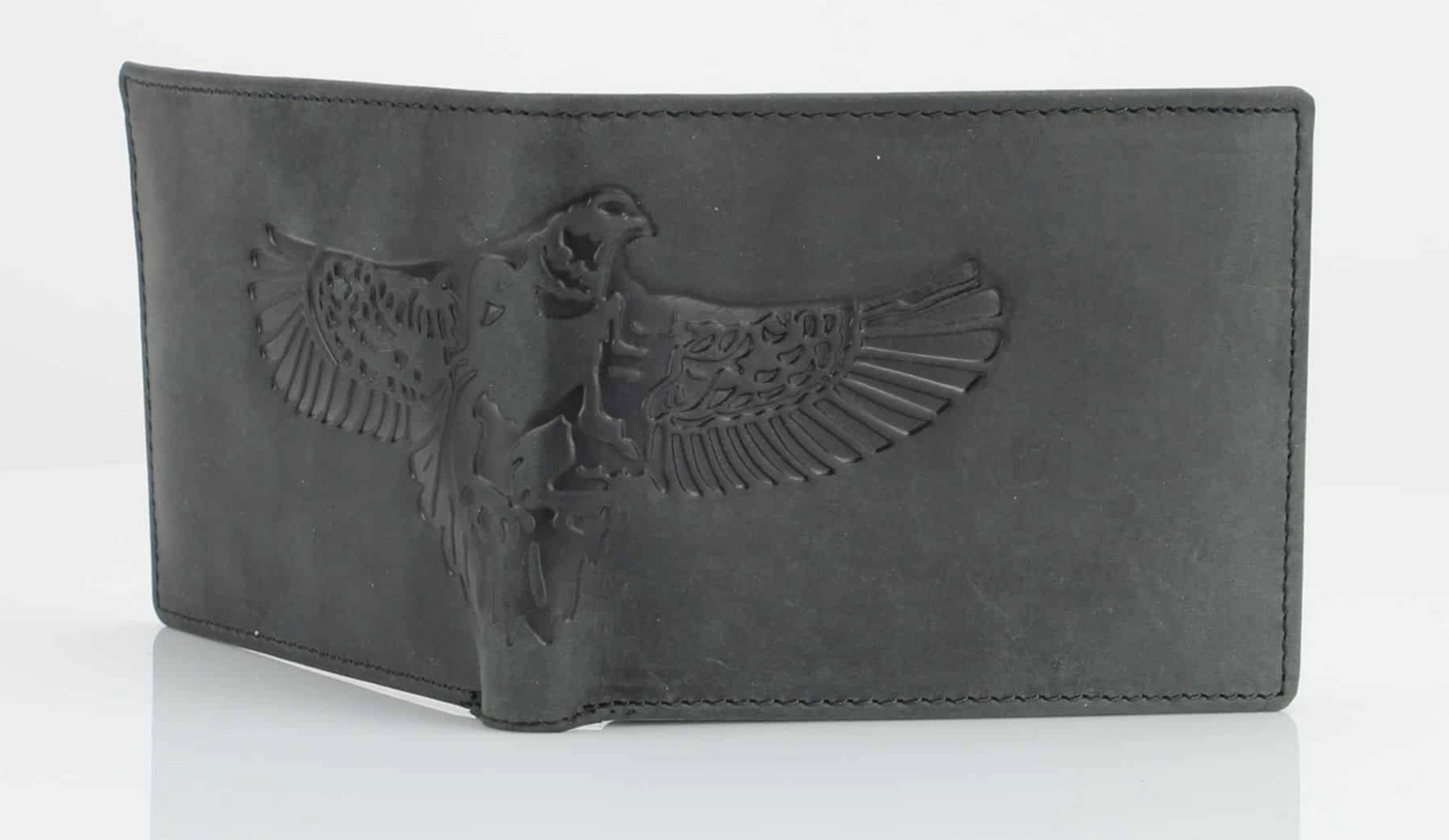 American Bison Bird Embossed Leather Mens Bi Fold Wallet