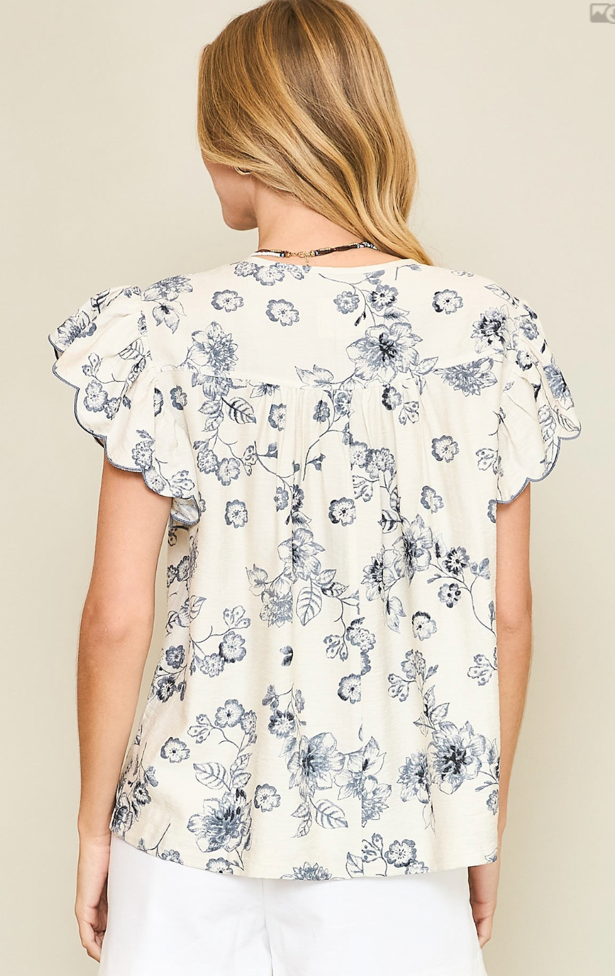 Floral Print Top with Scalloped Sleeves and Tassel Ties