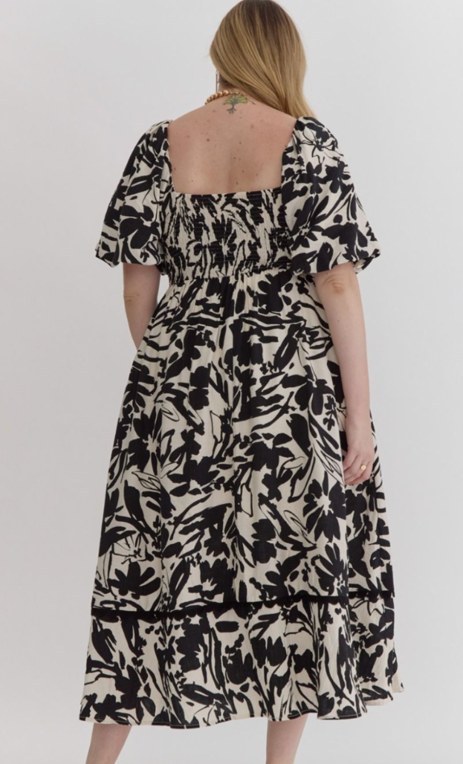Floral Print Square Neck Bubble Sleeve Midi Dress
