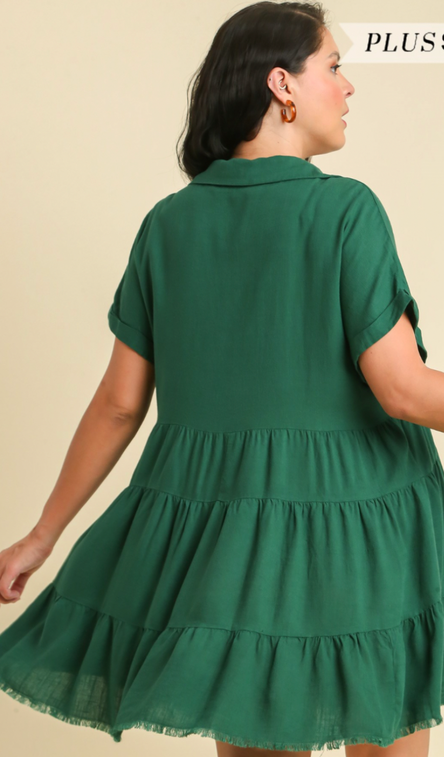 Frayed V-Neck Collared Dress