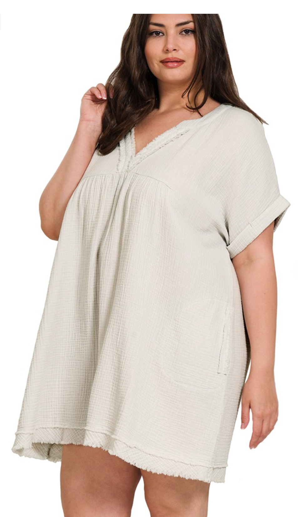 Gauze Raw Edge V-Neck Dress