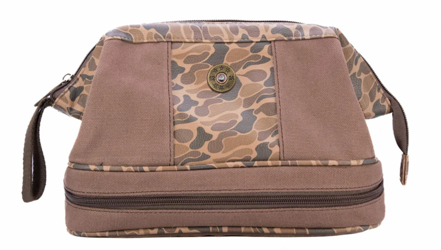Shot Shell Brown Waxed Canvas Old School Camo Men's Toiletry Dopp Bag Brown Camo