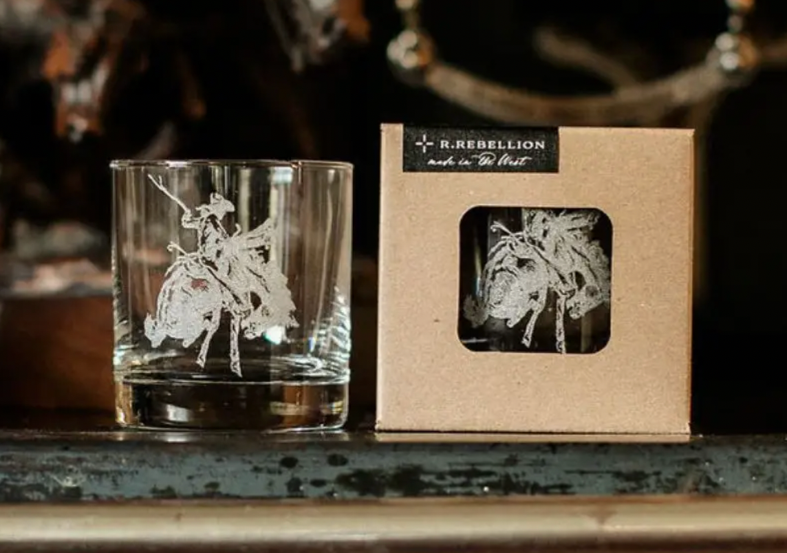 Western Etched Old Fashioned Whiskey Glass 11 oz - Bronc