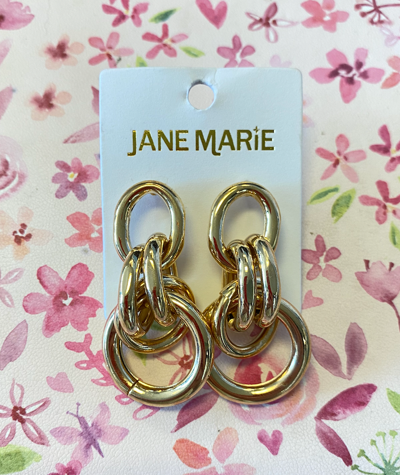 Gold Stacked and Interlinked Cables and Rings Earrings