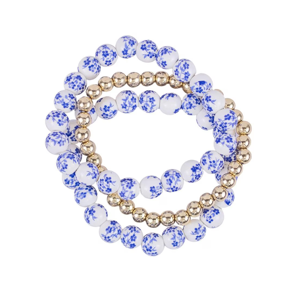 Floral Bead Bracelet Stack in Blue