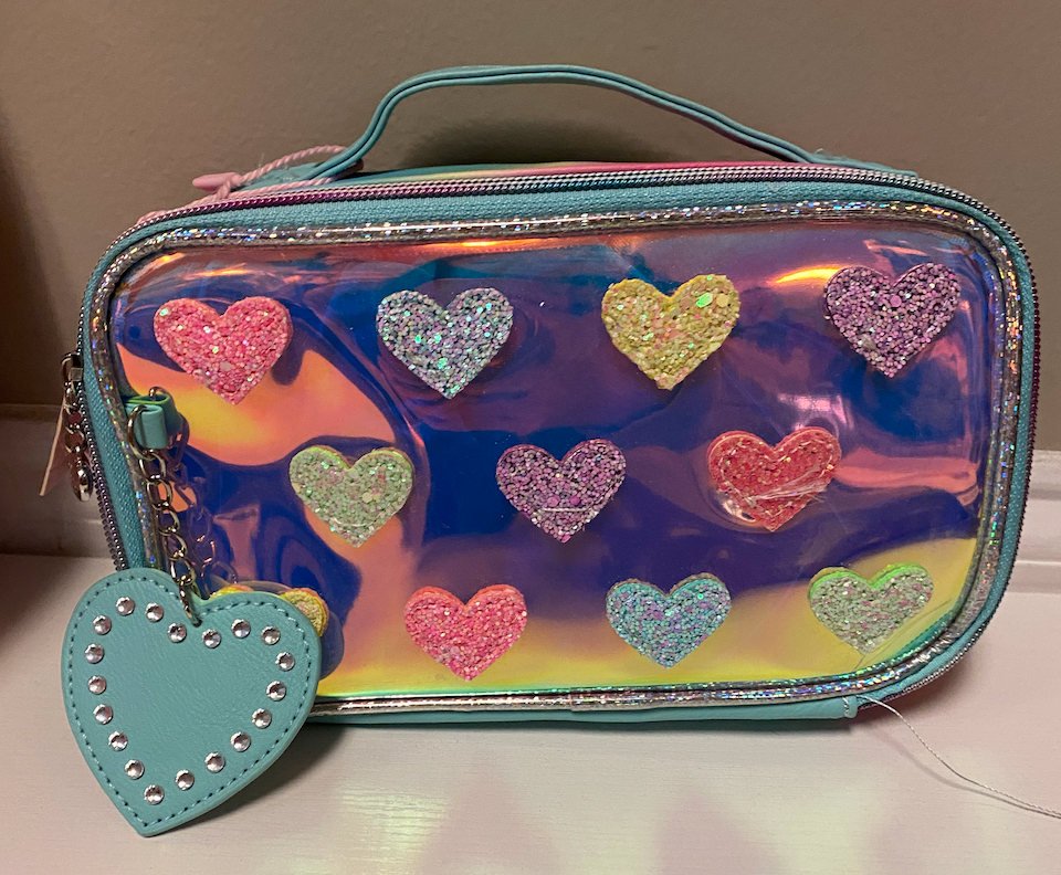 Heart-Patched Clear Glazed Top-Handle Pouch