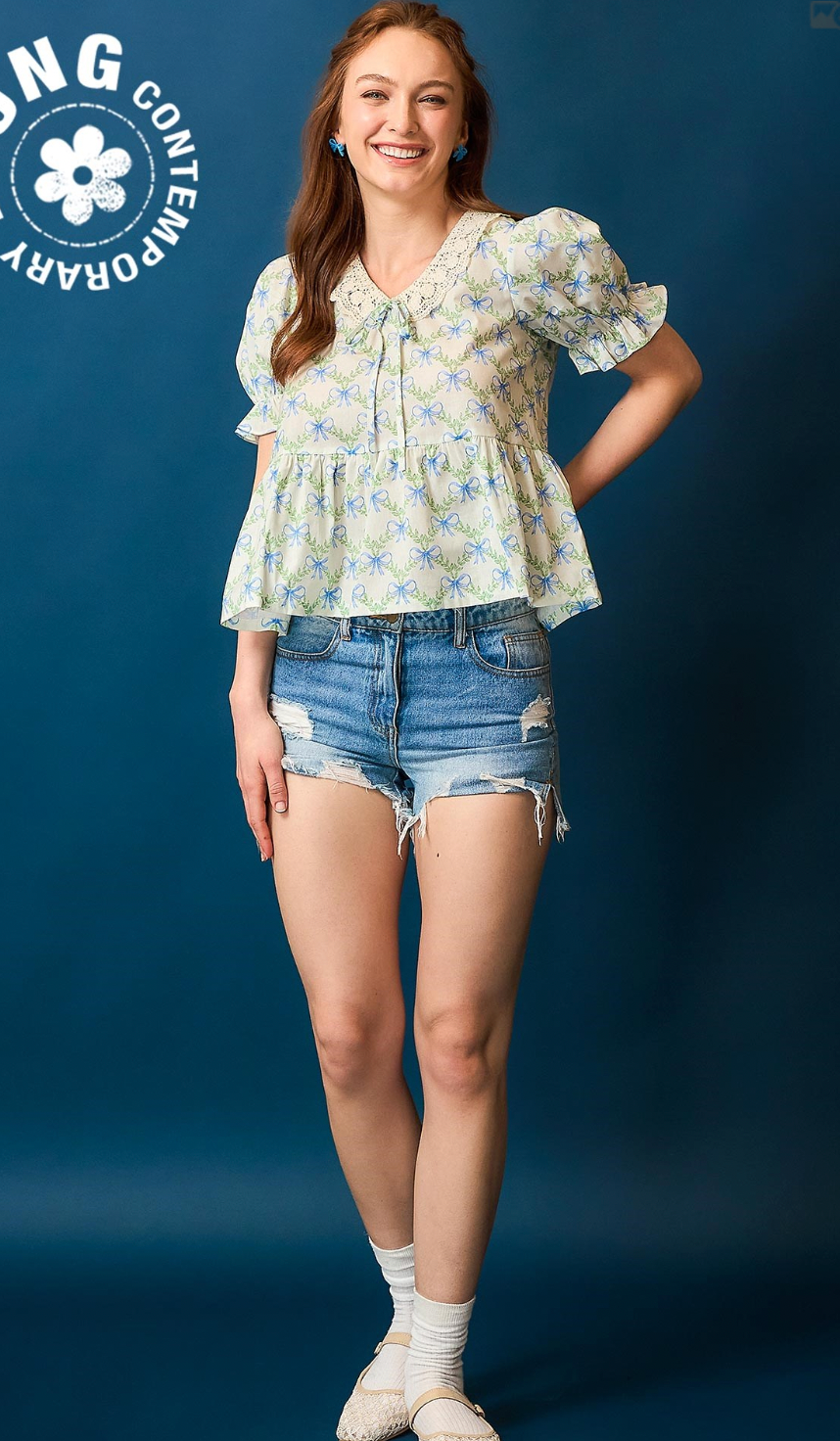 Vintage Bow Print Lace Collar Blouse