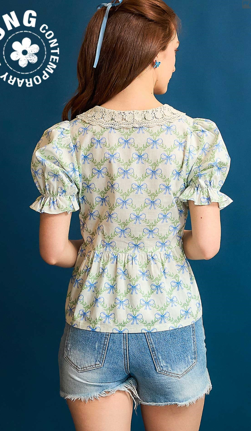 Vintage Bow Print Lace Collar Blouse