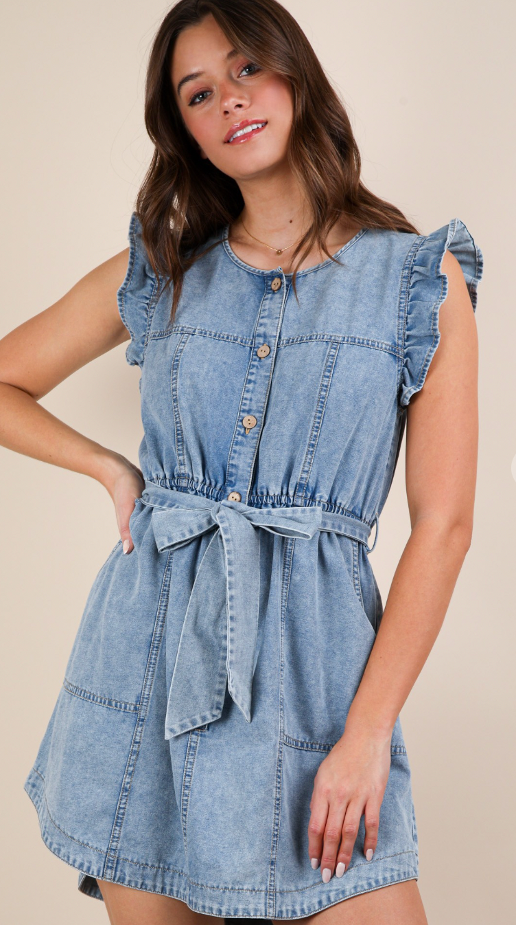 Washed Chambray Ruffle Detail Mini Dress