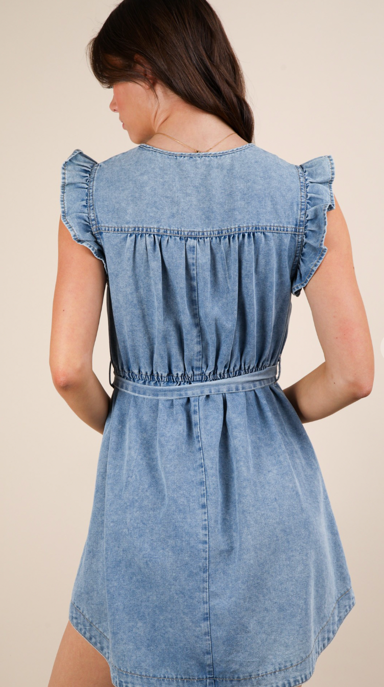 Washed Chambray Ruffle Detail Mini Dress