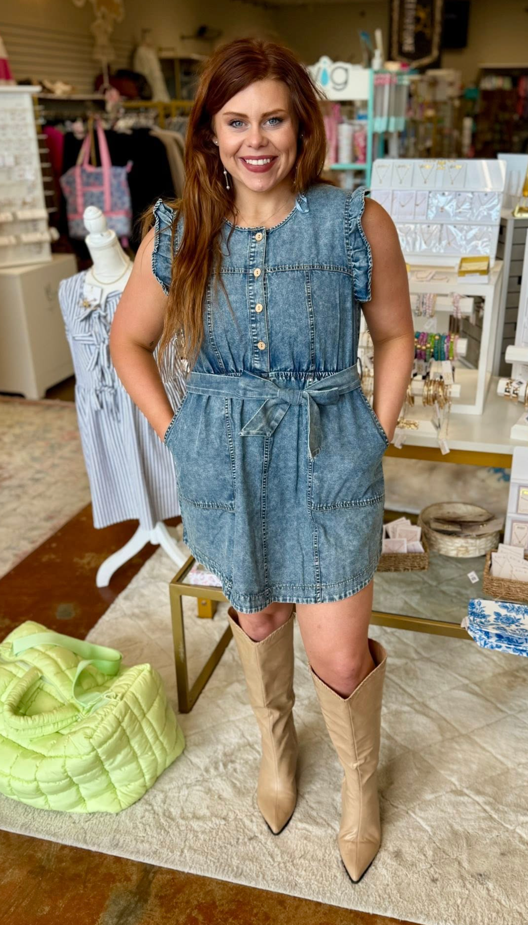Washed Chambray Ruffle Detail Mini Dress