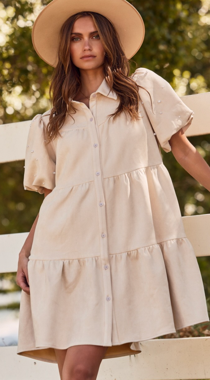 Tiered Suede Shirt Dress w/ Pearl Accents
