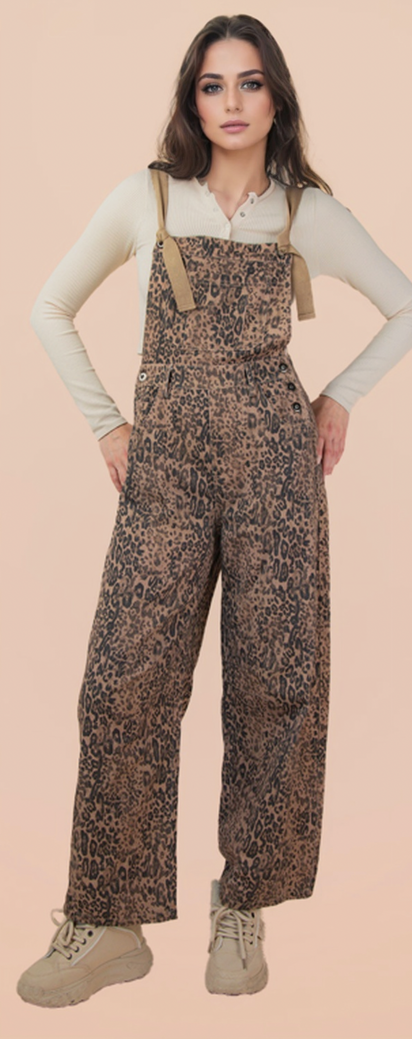 Leopard Print & Denim Barrel Leg Overall