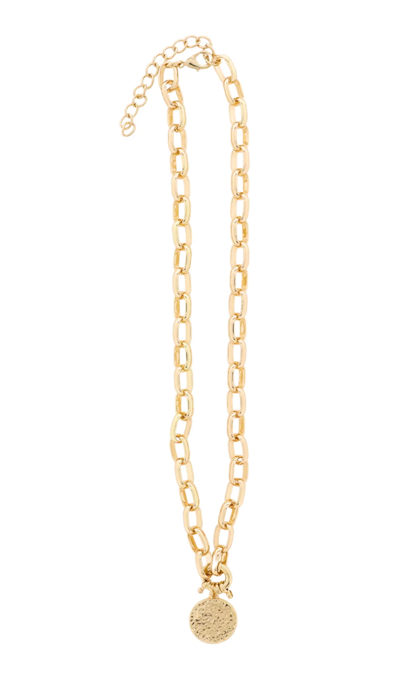 18K Gold Plated Gold Oval Link Chain Necklace with Gold Hammered Disk
