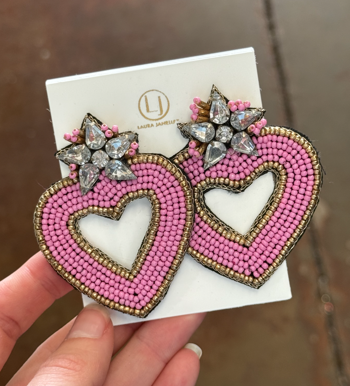 Beaded Heart Earrings w/ Rhinestones