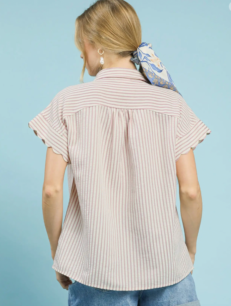 Striped Button-Down Top with Scallop Sleeves