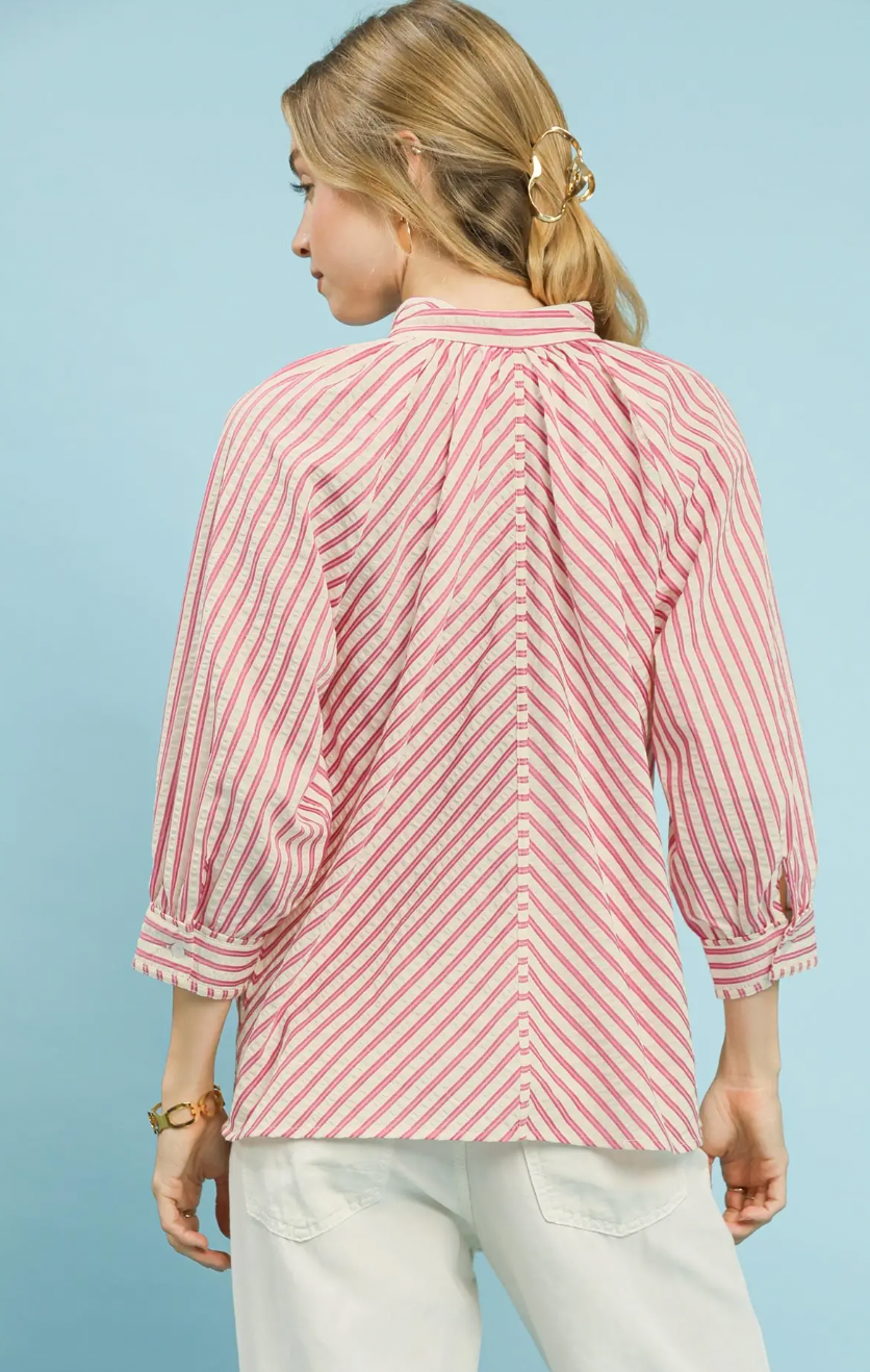 Striped V-Neck Button Down Top