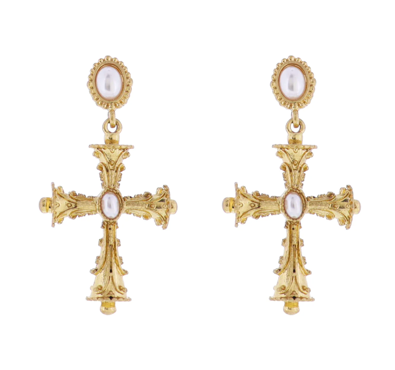 Artisan Pearl Post Earring with Gold Decorative Cross/Pearl Center