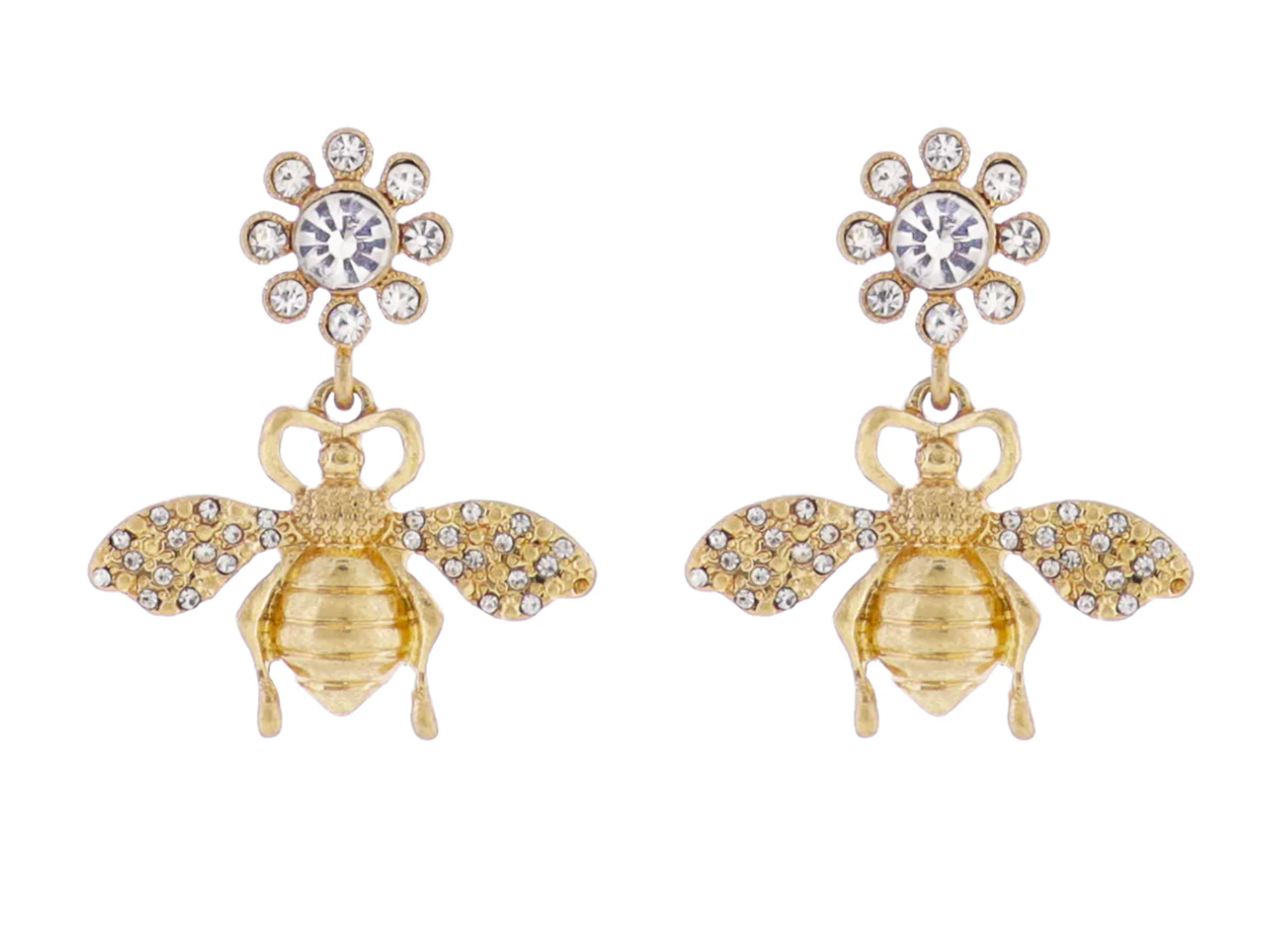Crystal Flower Post Earring with Gold Bee