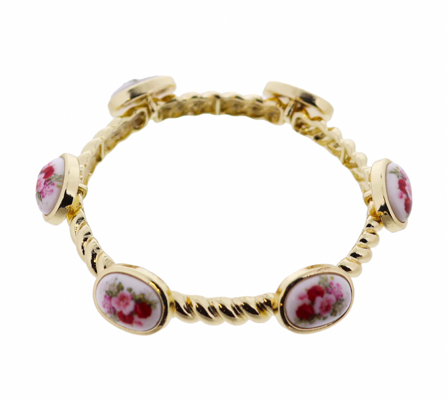 Gold Rope Stretch Bangle Bracelet with Floral Oval Stations